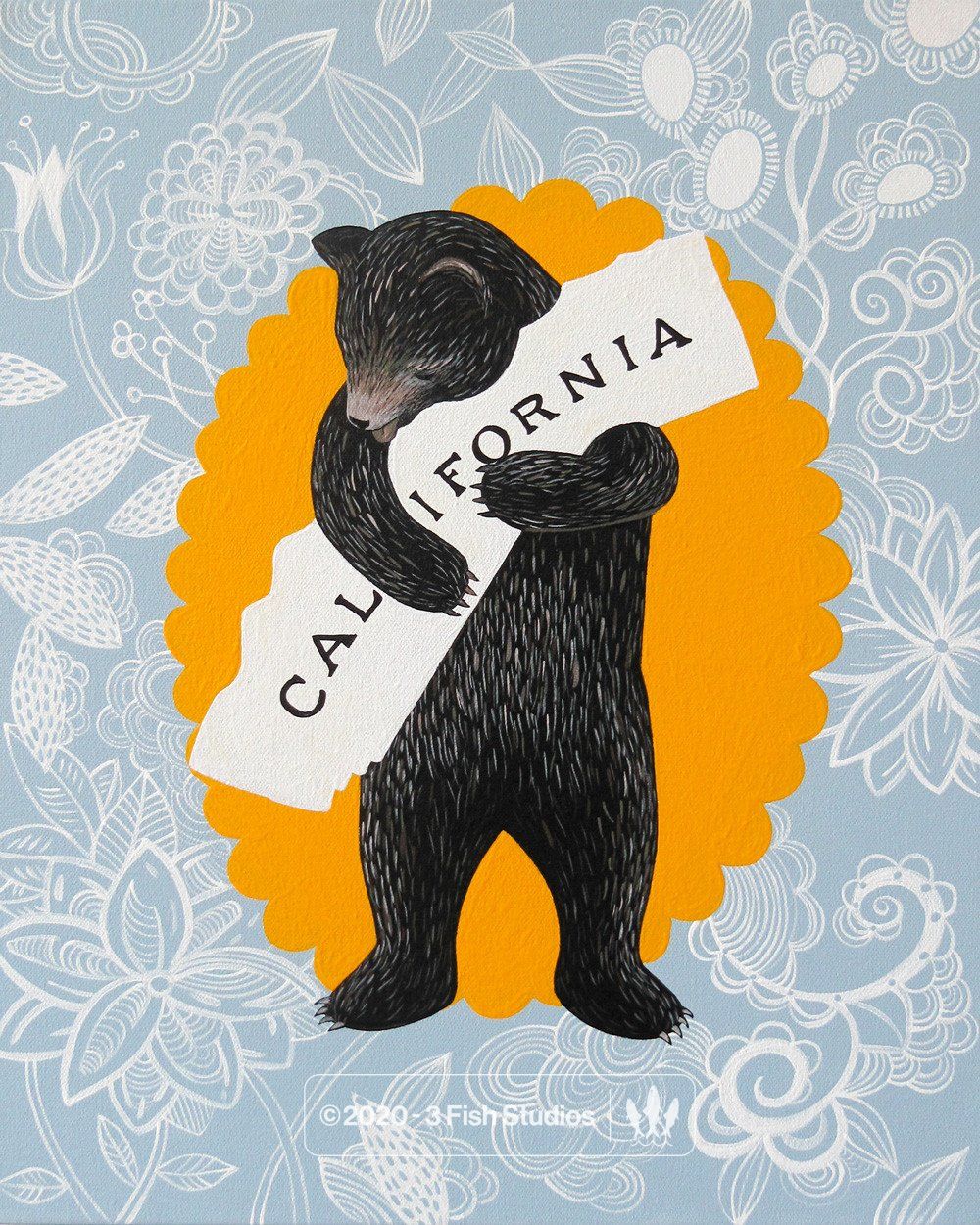 "I Love You California" Blue Floral Print by Annie Galvin 3 Fish Studios