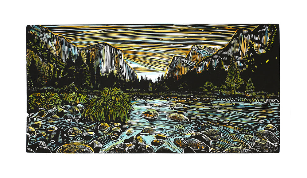 "Yosemite Valley" Hand Painted Linocut