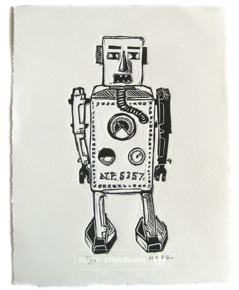 Lilliput Robot  Linocut Print by Eric Rewitzer 3 Fish Studios