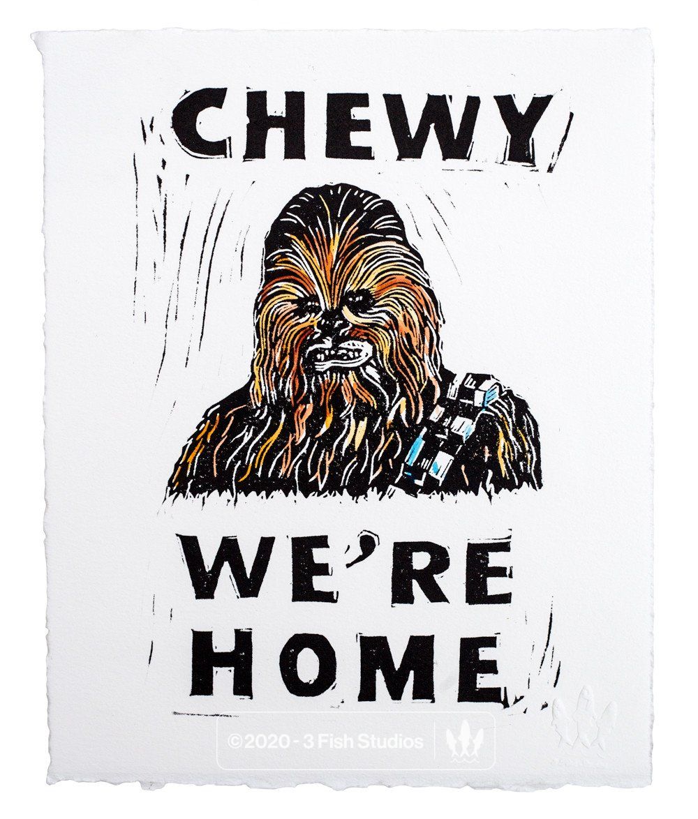 Chewy We're Home Linocut Print by Eric Rewitzer 3 Fish Studios