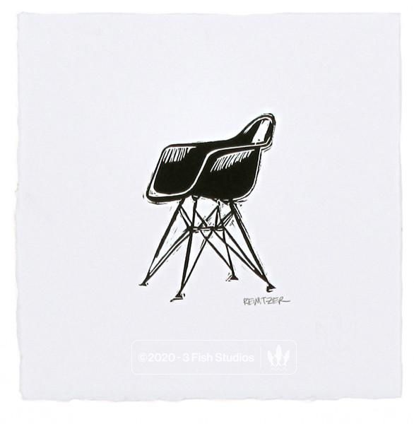 Eames Molded Plastic Chair with Eiffel Base Linocut Print by Eric Rewitzer 3 Fish Studios